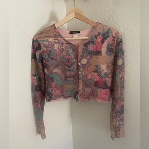 Vintage Y2K pink long sleeve cropped button  top  floral Victorian print size S